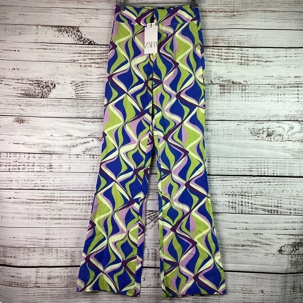 ZARA RETRO SIZE XS BLUE GREEN FLARED SUMMER PANTS SWIRL SPRING VACATION NWT‎
